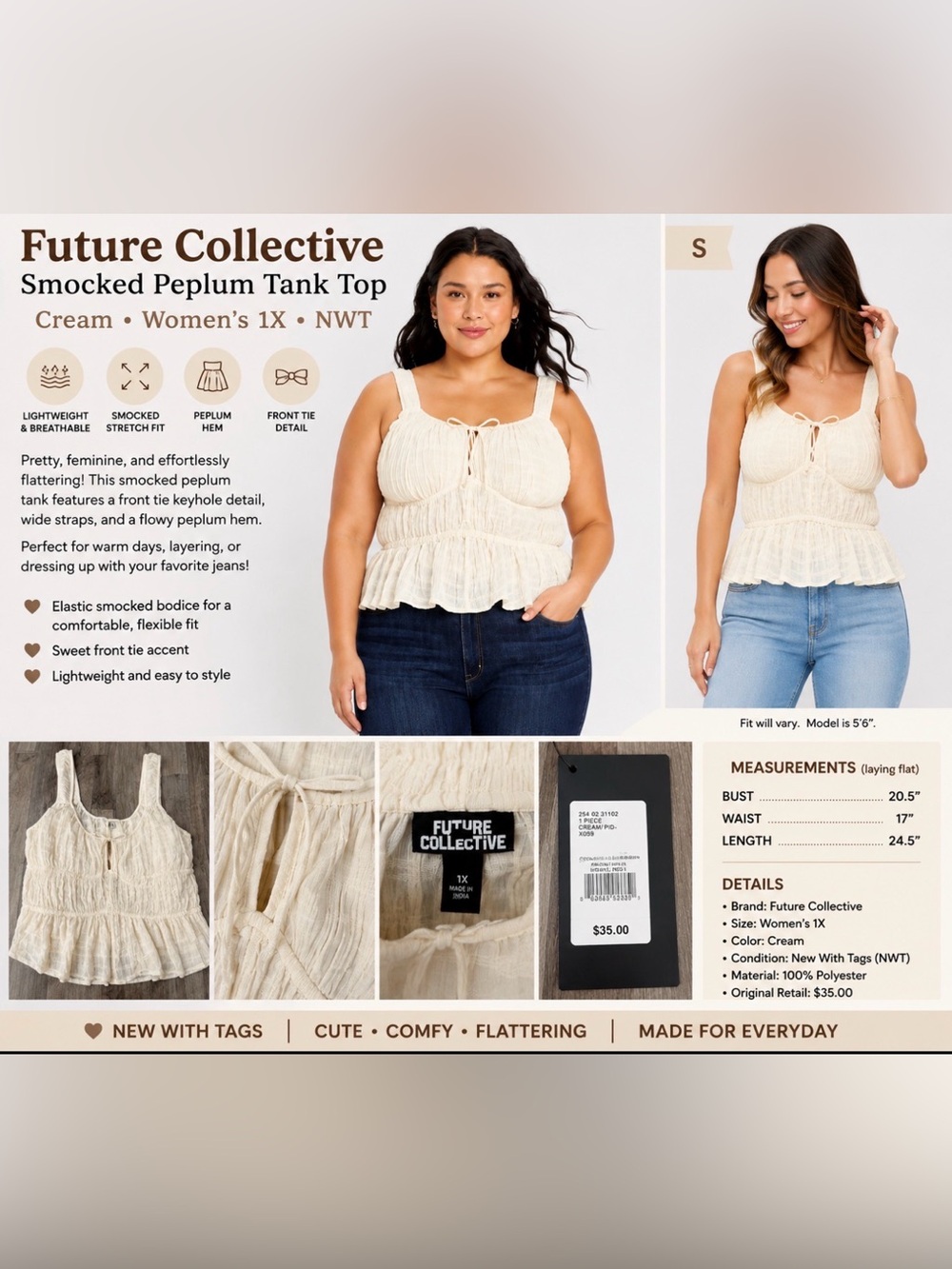Future Collective Smocked Peplum Tank Top – Women’s 1X – NWT